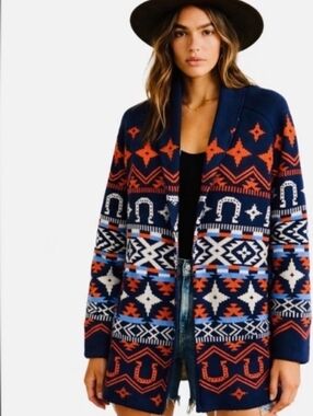 New $149 Lucky July 4 Patriotic Americana Shawl Cardigan Red White Blue M VIRAL